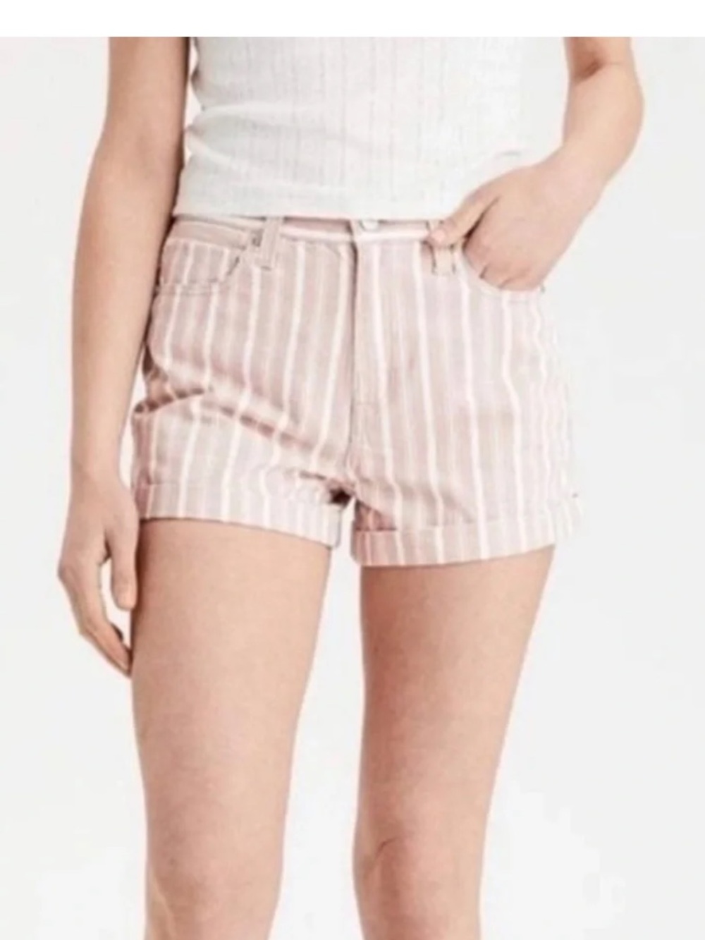 American Eagle Dusty Pink Stripe Denim Mom Shorts Sz 6